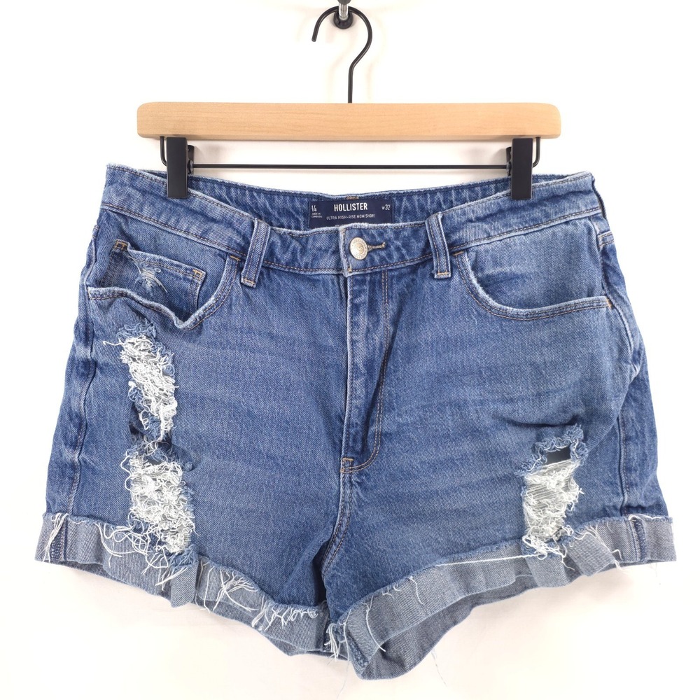 Hollister Womens Jean Shorts Ultra High-Rise Mom Short 14 Blue Distressed Cuffed